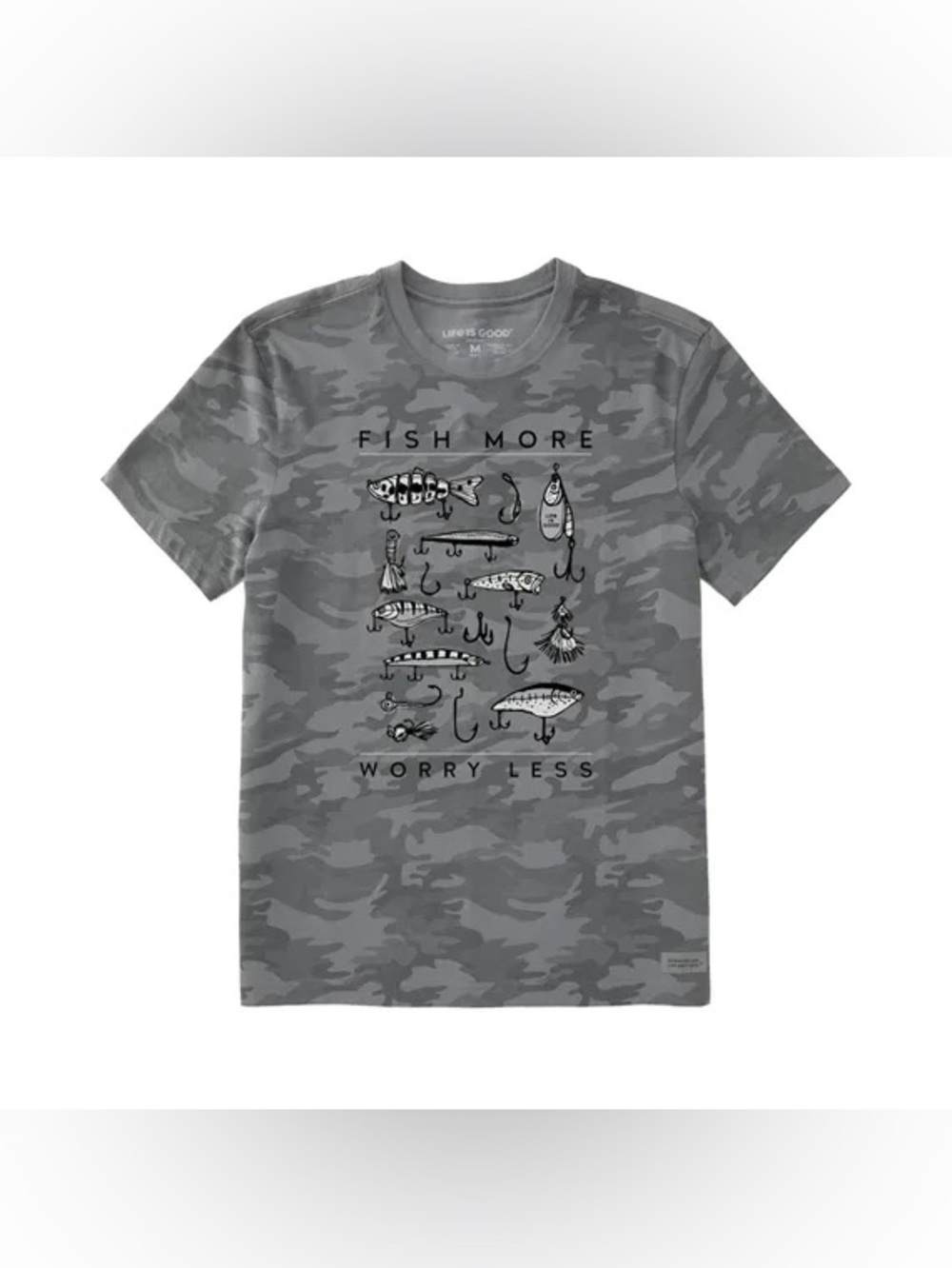 Life is Good Camo 'Fish More Worry Less' Graphic Tee 100% Cotton